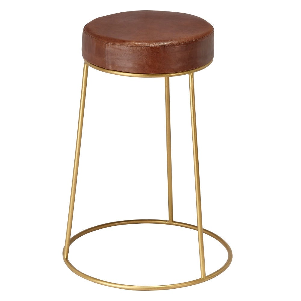 Yuk 24 Inch Metal Counter Stool， Tri-Legged Base， Padded Seat， Brown Finish