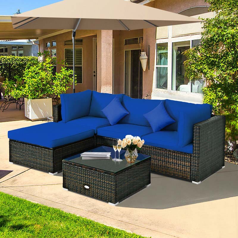 5 Pcs Outdoor Patio Rattan Furniture Sectional Sofa Set Wicker Conversation Set with Cushions