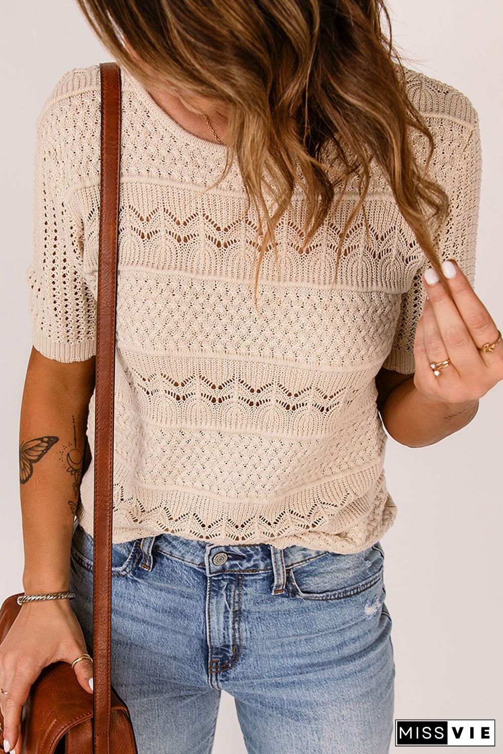 Apricot Crochet Hollow-Out Short Sleeve T-Shirt