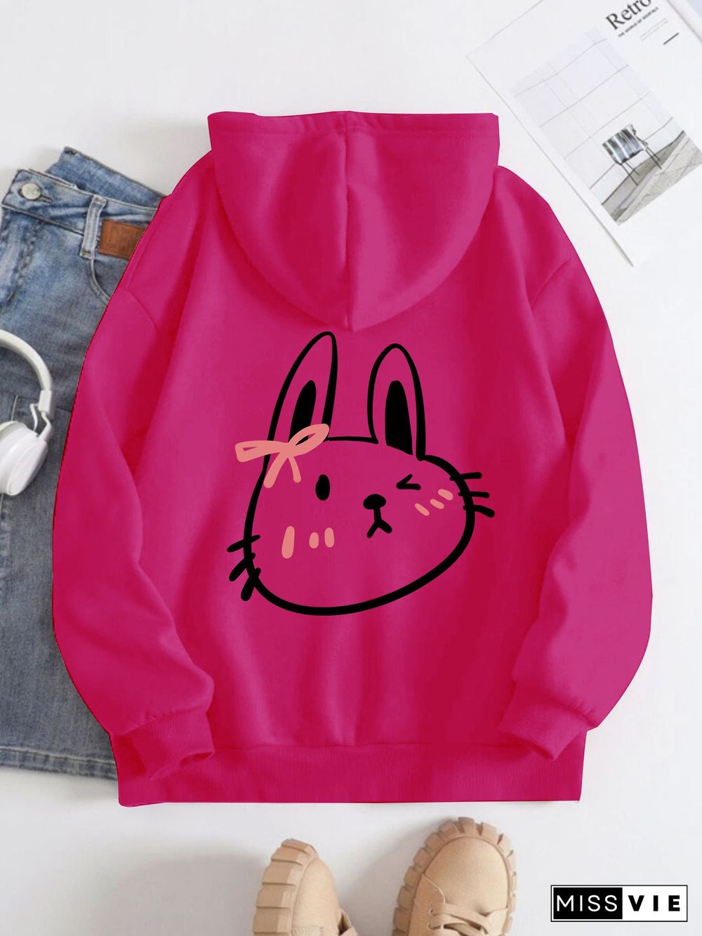 Printed on the Back Kangaroo Pocket Hoodie Long Sleeve for Women Pattern Rabbit Face