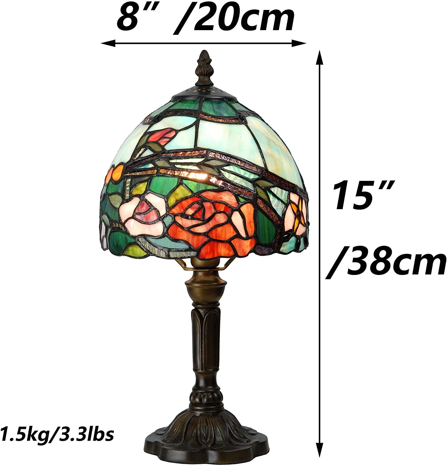 SHADY L10736 Rose Flower  Style Stained Glass Table Lamp with 8-inch Wide Lampshade  15-inch Tall  Red