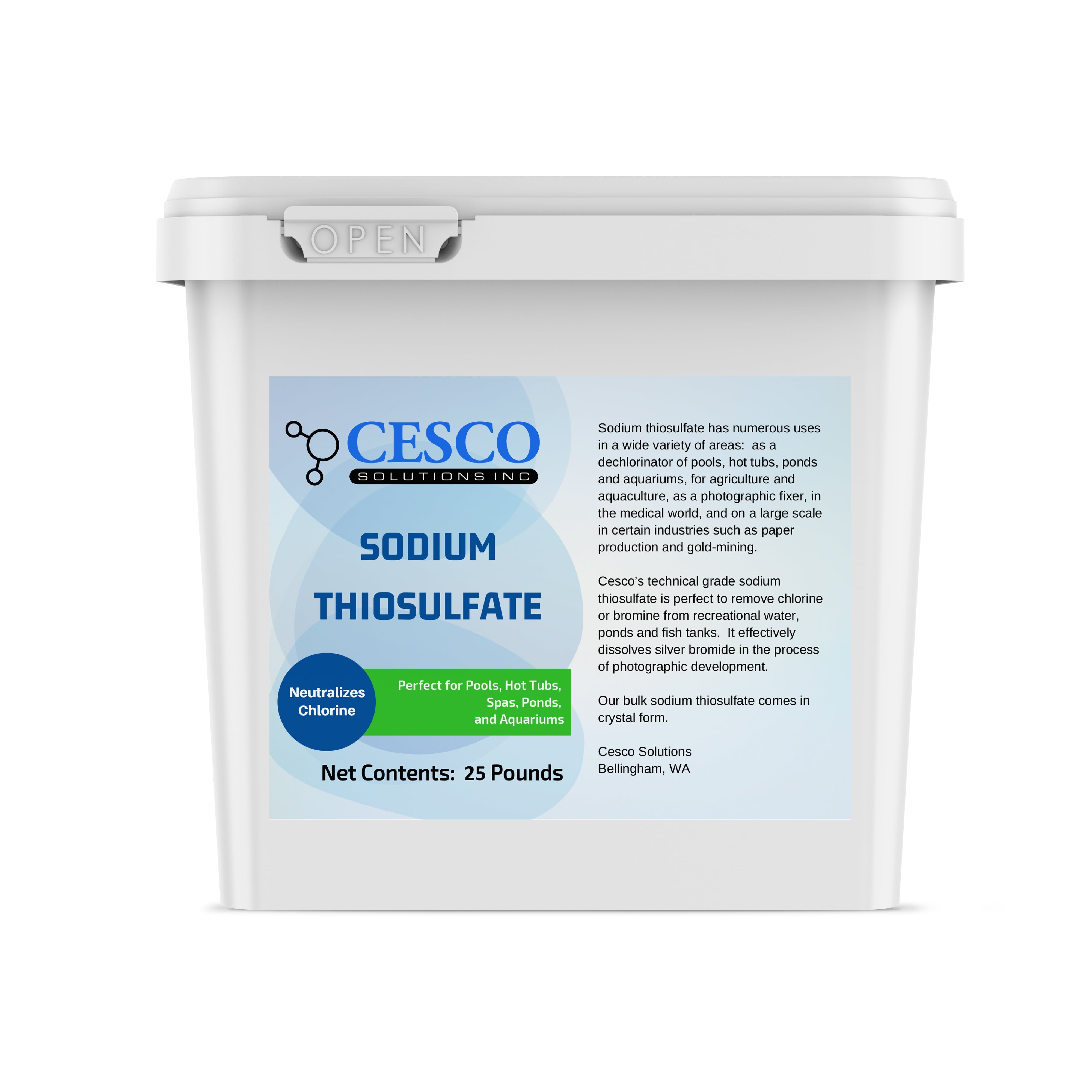 Pool Dechlorinator Sodium Thiosulfate Pentahydrate 25 lbs by Cesco Solutions - Premium Chlorine Neutralizer for Pools, Aquarium, Pond - Technical-Grade Chlorine Remover for Hot Tubs - Bulk Package