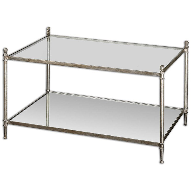 Bowery Hill Modern Mirrored Glass Coffee Table in  Antiqued Silver