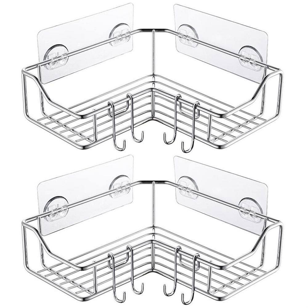 Dracelo Wall Mounted Bathroom Shower Caddies Adhesive Type Coner Organizer Shelf with 4 Hooks in Silver 2-Pack B08T7D7MF6