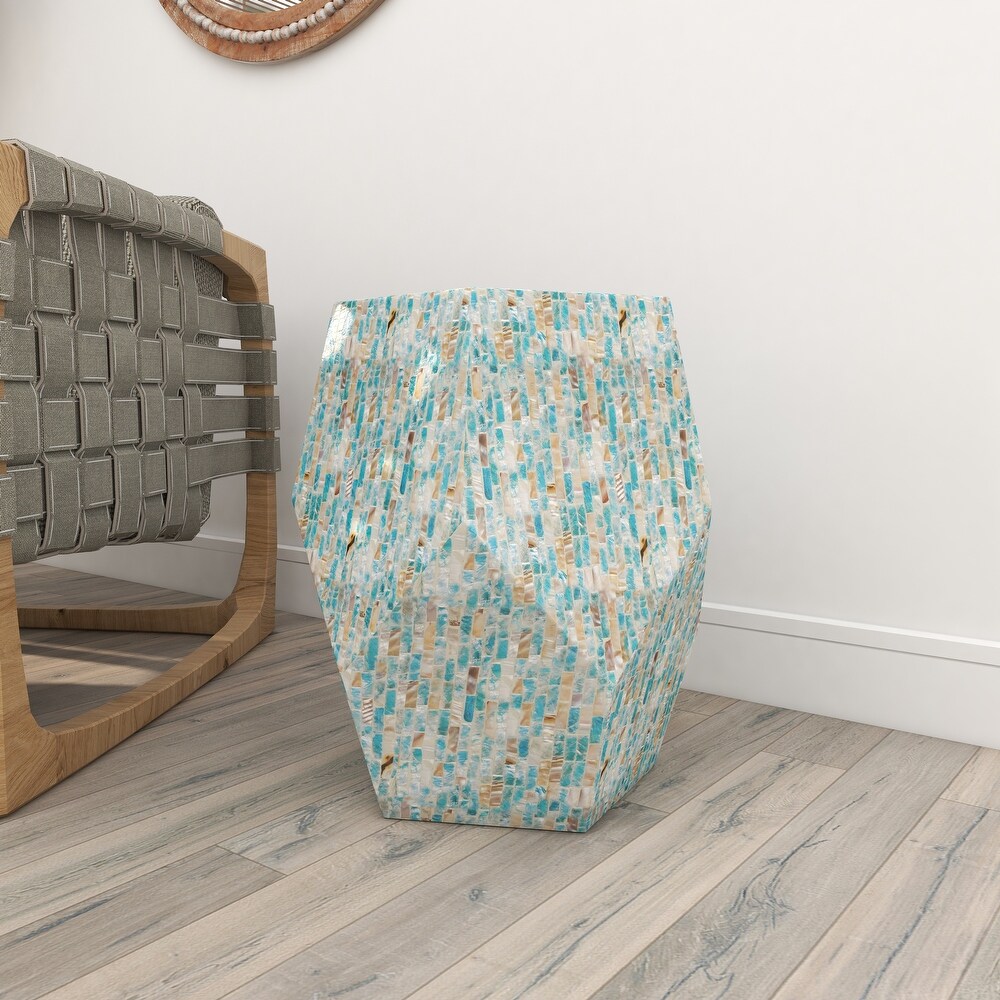 Cream or Blue Multi Color Shell Coastal Contemporary Accent Side Table   16 x 16 x 19