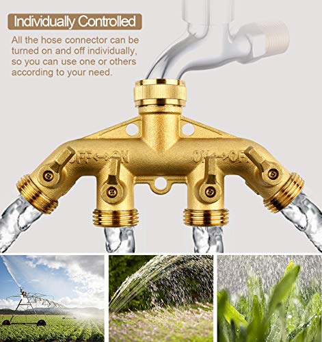 RIFFUE Garden Hose Splitter 4 Way Heavy Duty Brass Hose Spigot Adapter with 4 Valves， Hose Connector 3/4