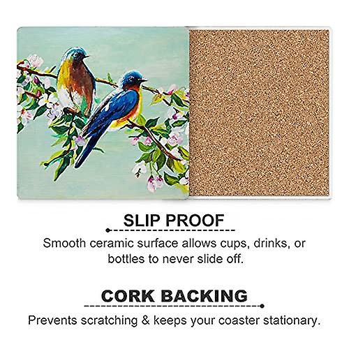 Colourlife Birds On Flower Tree Printed Square Ceramic Coaster For Drinks With Cork Base For Coffee Cups Place Mats For Home Decor Set Of 6 Pieces