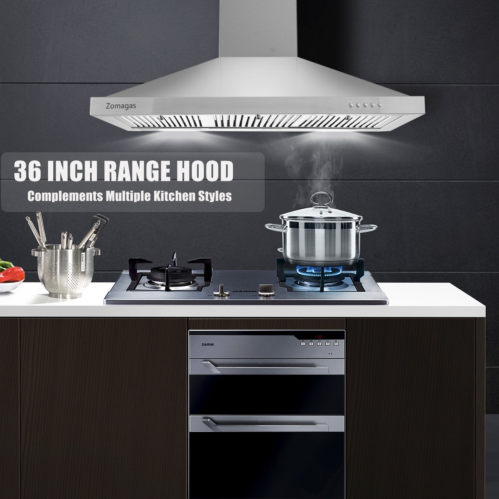 36 in. 450 CFM Ducted Wall Mounted Range Hood in Silver with 3 Filters