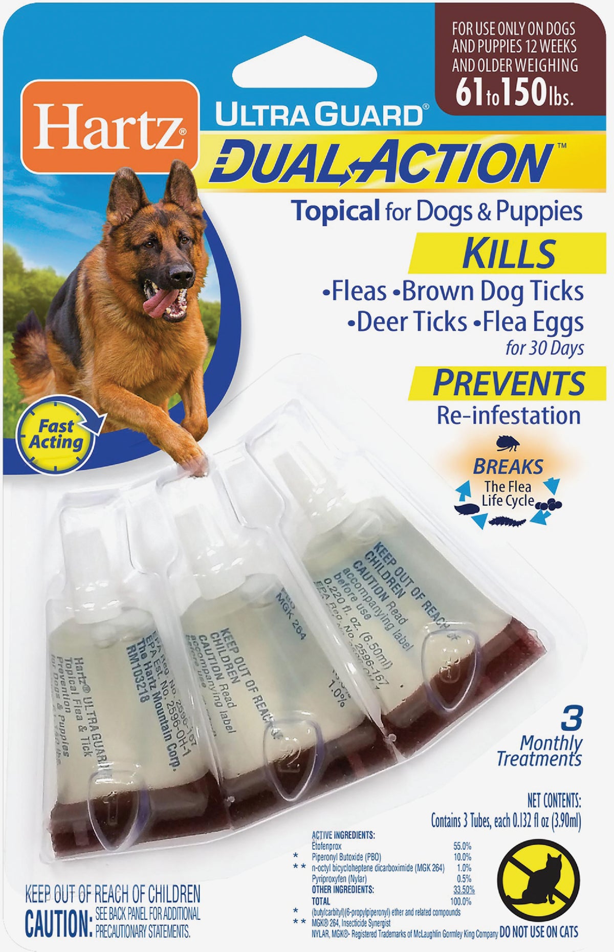 Hartz UltraGuard Dual Action Fleaamp Tick Treatment For Dogsamp Puppies (3) 0.132 Oz. Tubes