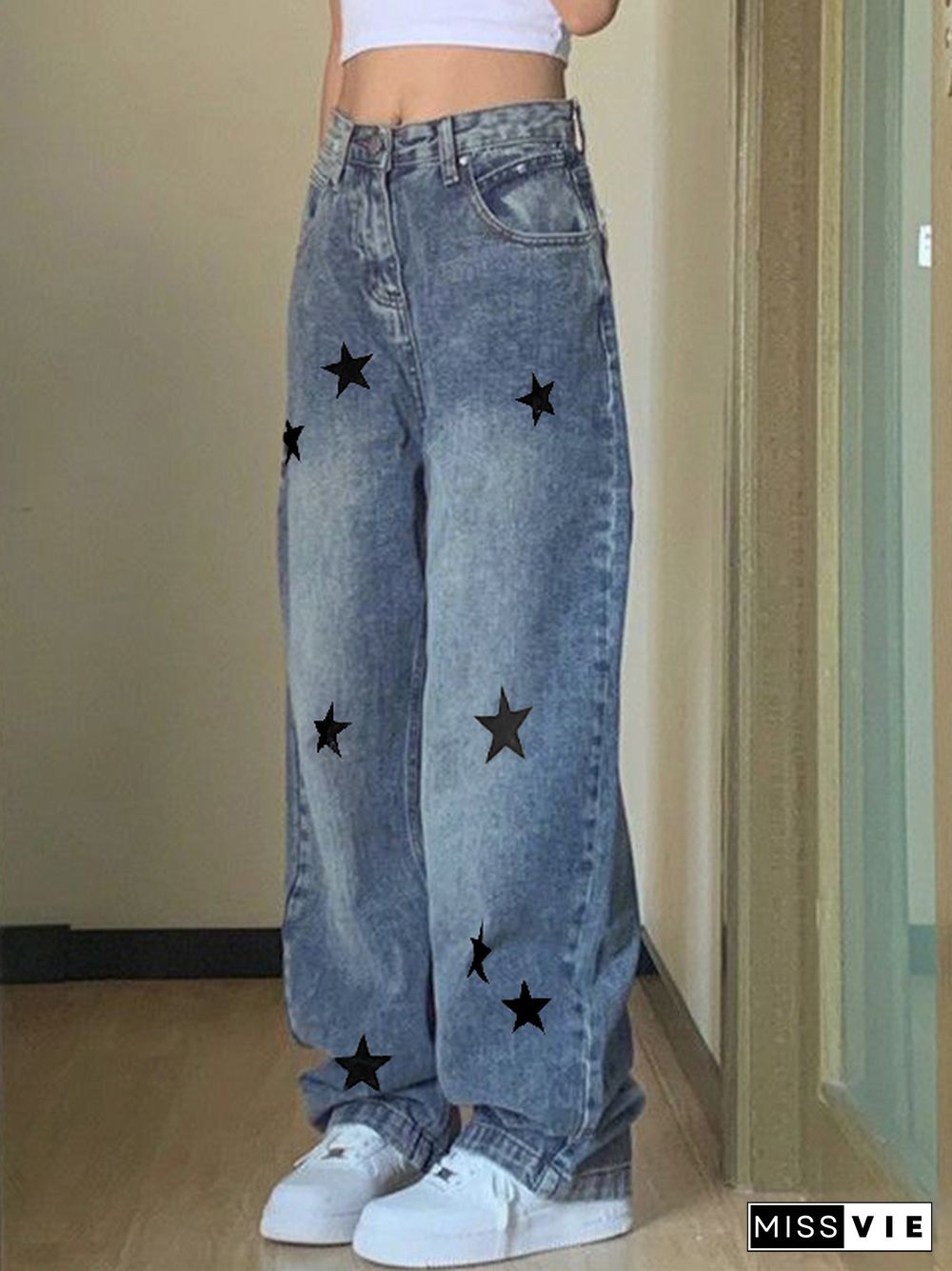 Pocket Wash Star Print Boyfriend Jeans