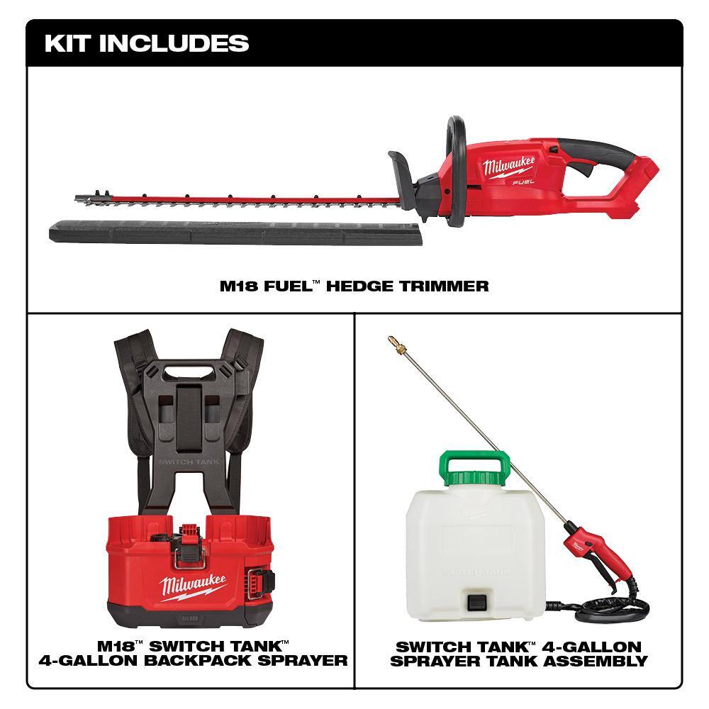 MW M18 18-Volt Lithium-Ion Cordless Switch Tank Backpack Pesticide Sprayer and FUEL Hedge Trimmer Combo Kit 2726-20-2820-20PS