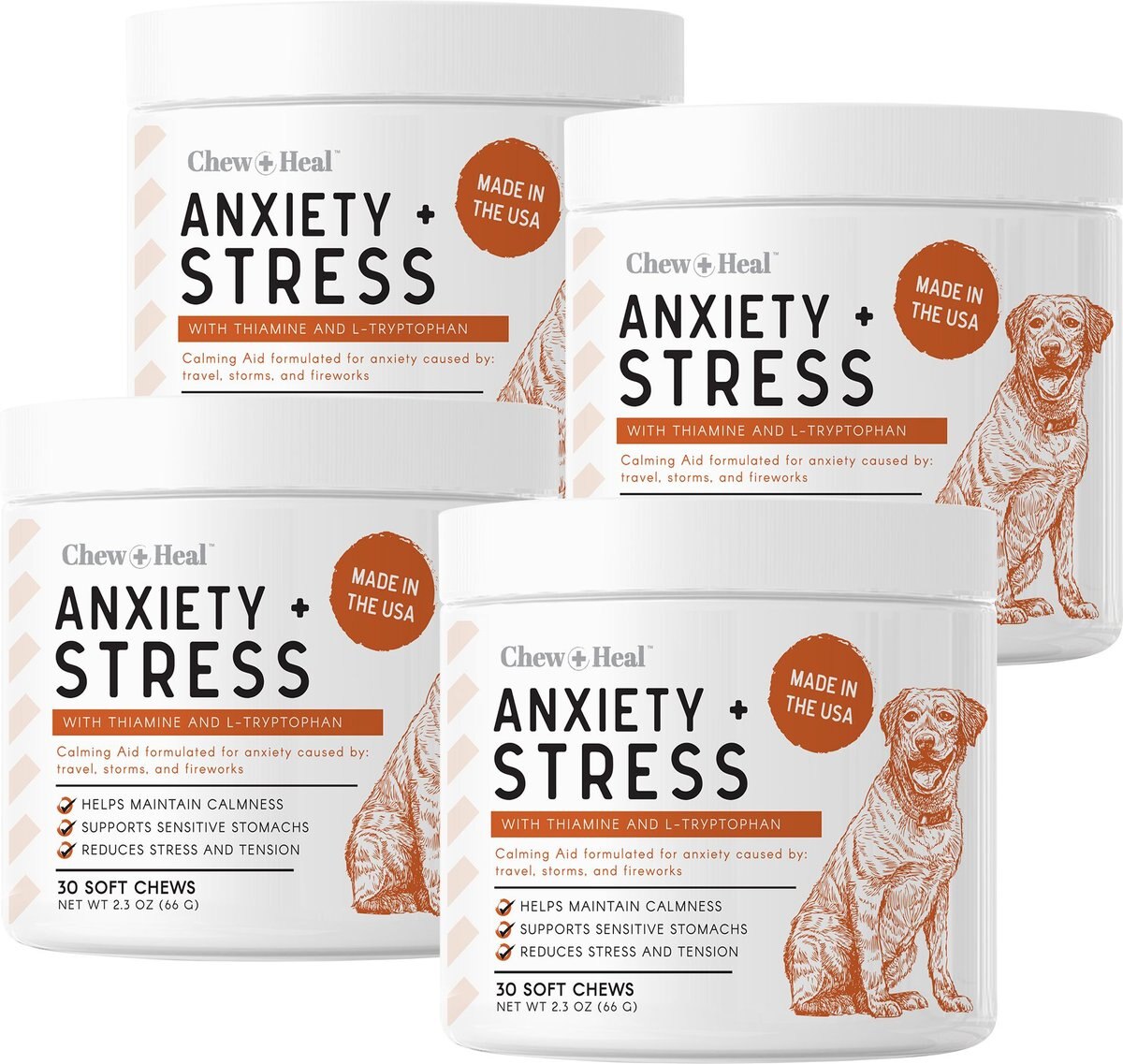 Chew + Heal Travel-Sized Anxiety and Stress Soft Chews Dog Supplement， 120 count