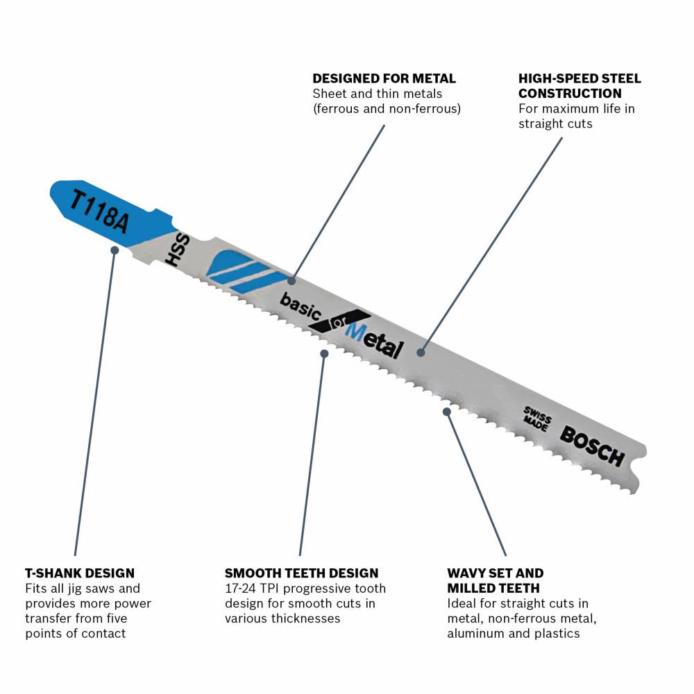 5 pc. 3-5/8 In. 17-24 TPI Basic for Metal T-Shank Jig Saw Blades