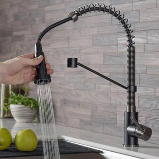 KRAUS Bolden Single-Handle Pull-Down Sprayer Kitchen Faucet with Deck Plate in Matte BlackBlack Stainless KPF-1610MBSB-DP03SB