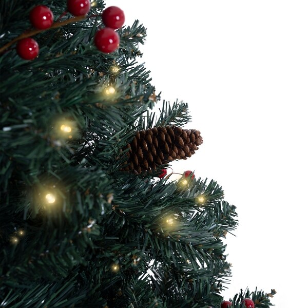 6.5ft Pencil Christmas Tree Prelit preDecorated with Pine Cones Red Berries 250 Warm Lights and Metal Stand