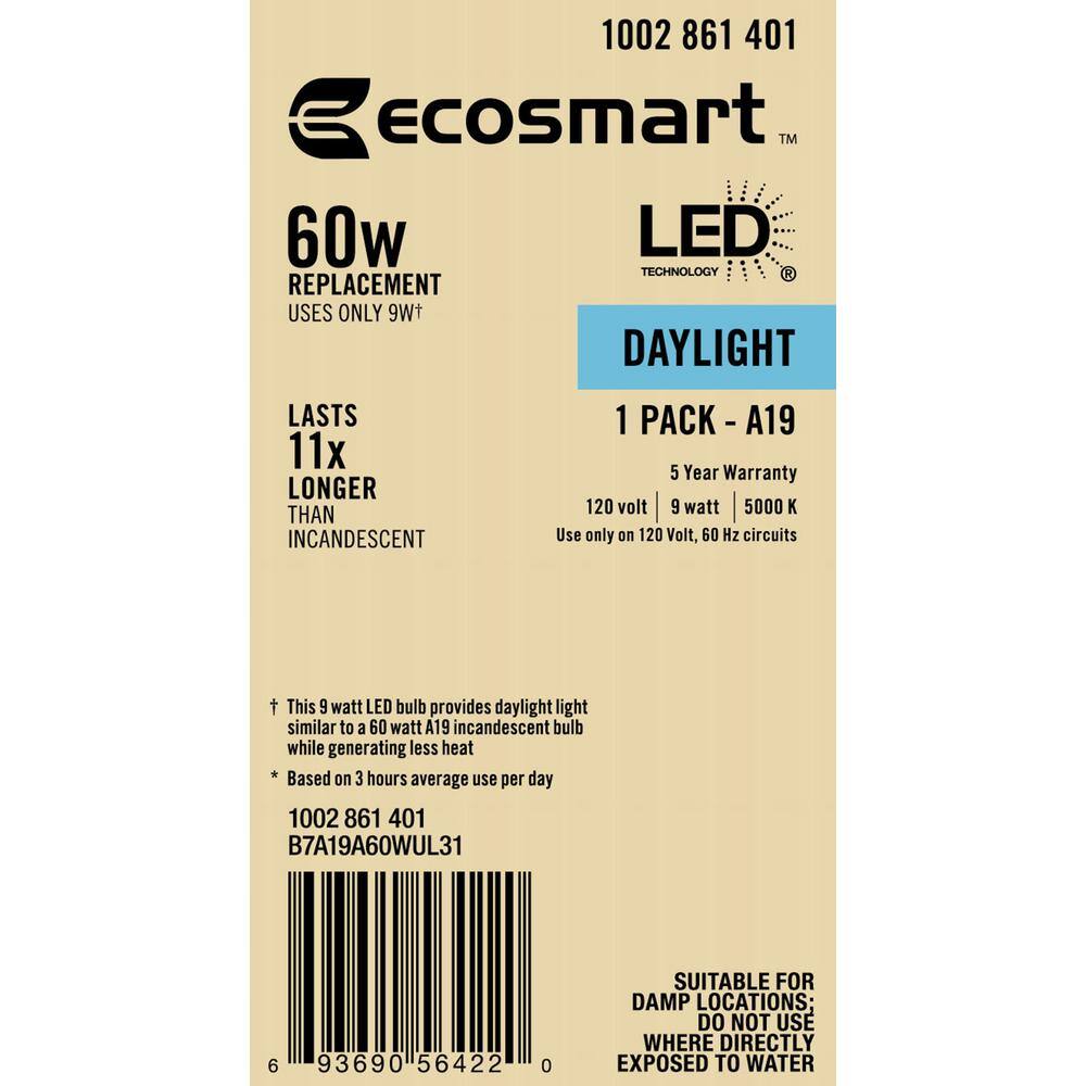 EcoSmart 60-Watt Equivalent A19 Non-Dimmable LED Light Bulb Daylight 5000 (1-Pack) B7A19A60WUL31