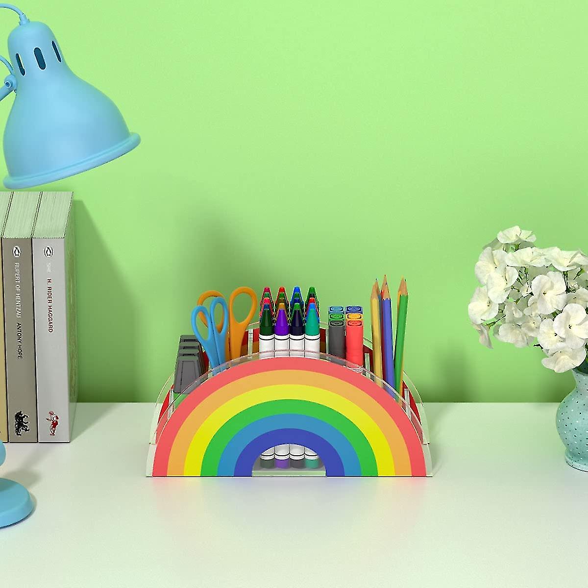 Rainbow Pen Holder Acrylic Kids Desk Organizer 5 Compartments Cute Desktop Pencil Organizer For Home， Office， School