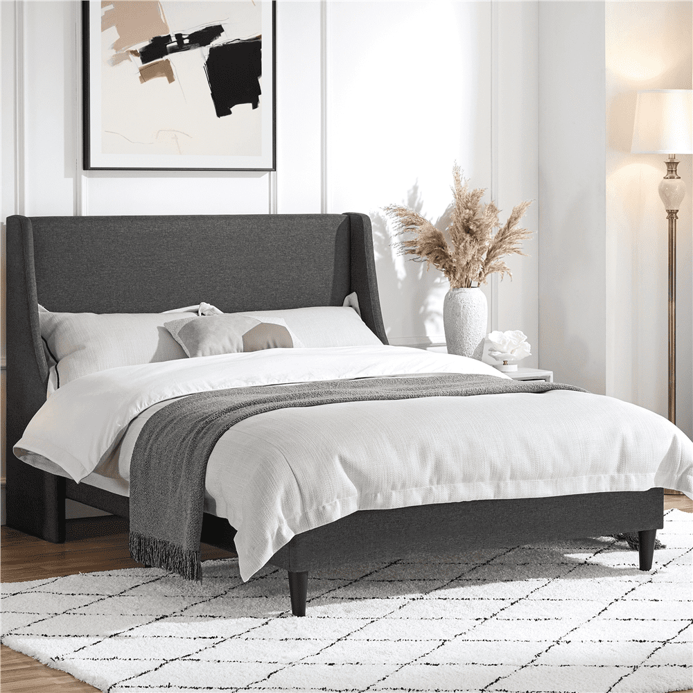 Easyfashion Upholstered Platform Bed Frame with Wingback Headboard, Dark Gray, Full