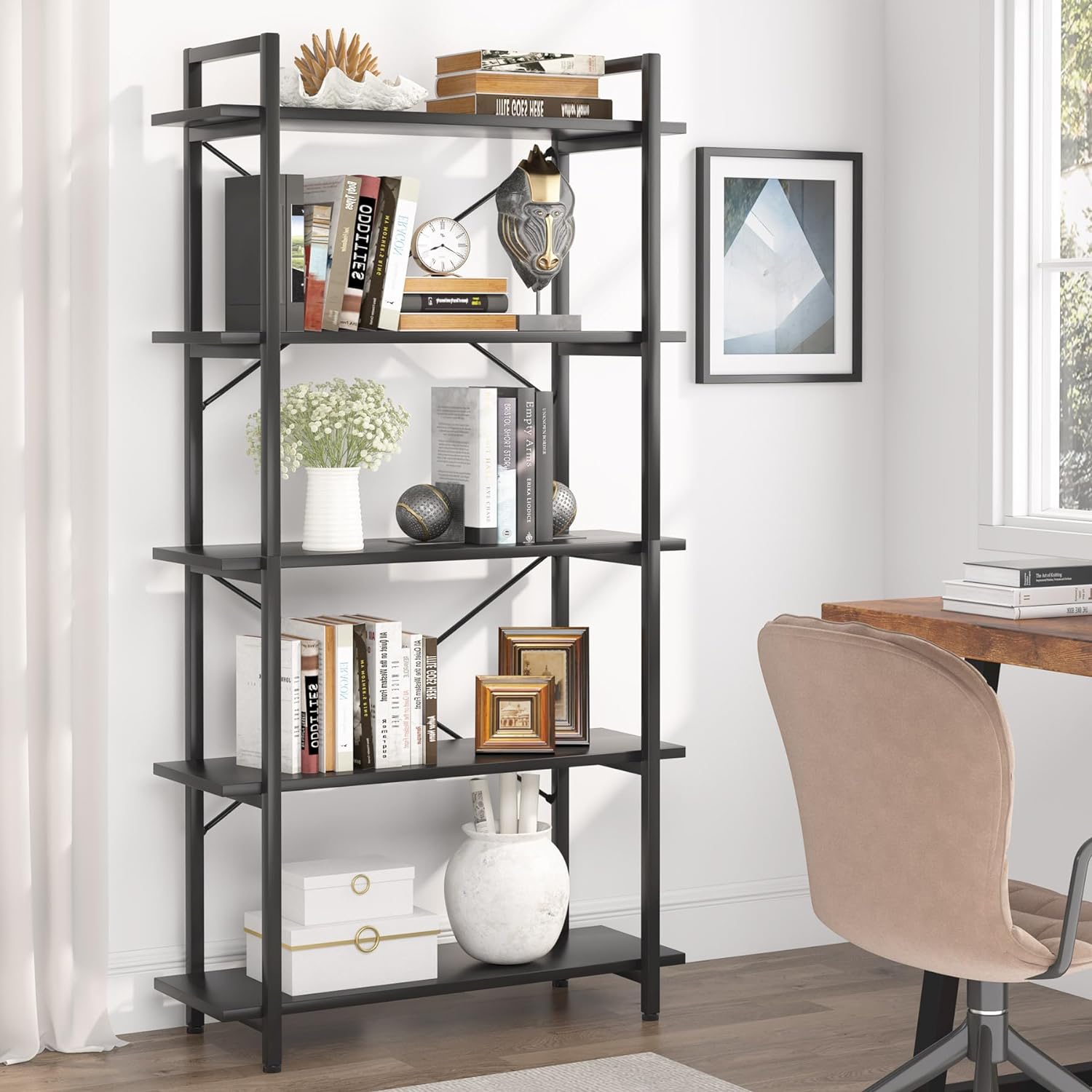 5-Tier Bookshelf, Industrial Etagere Bookcase Display Shelf Unit