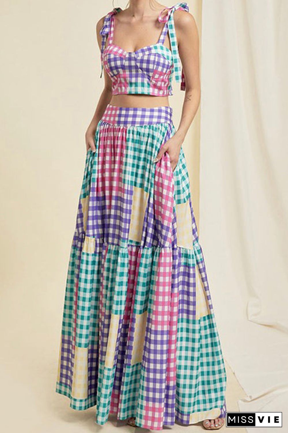 Plaid Color Block Tie Shoulder Maxi Skirt Set