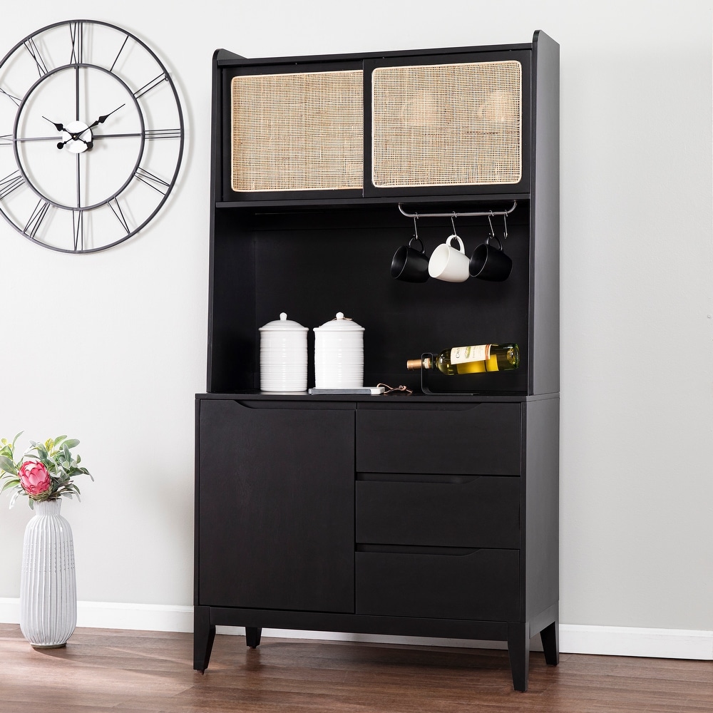 SEI Furniture Transitional Black Wood Rattan Storage Buffet Cabinet