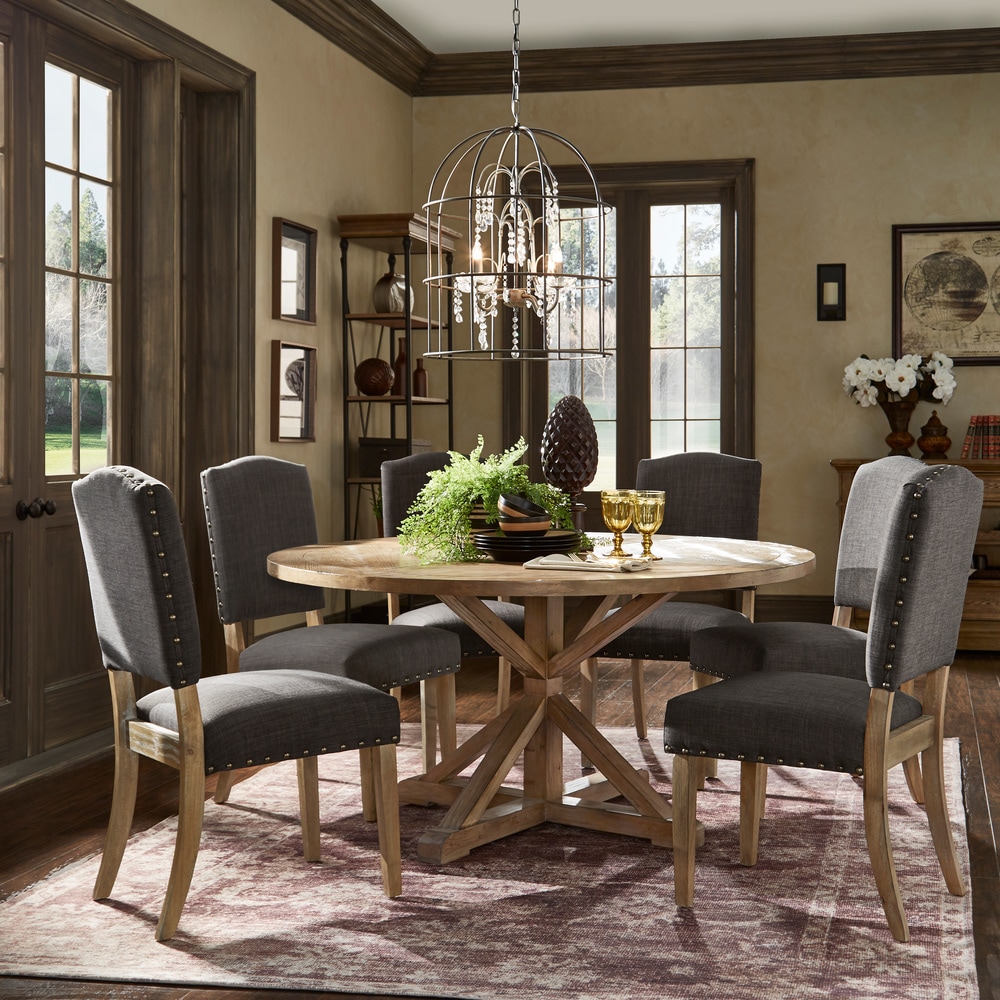 Benchwright Rustic X base Round Pine Wood Nailhead 7 piece Dining Set by iNSPIRE Q Artisan