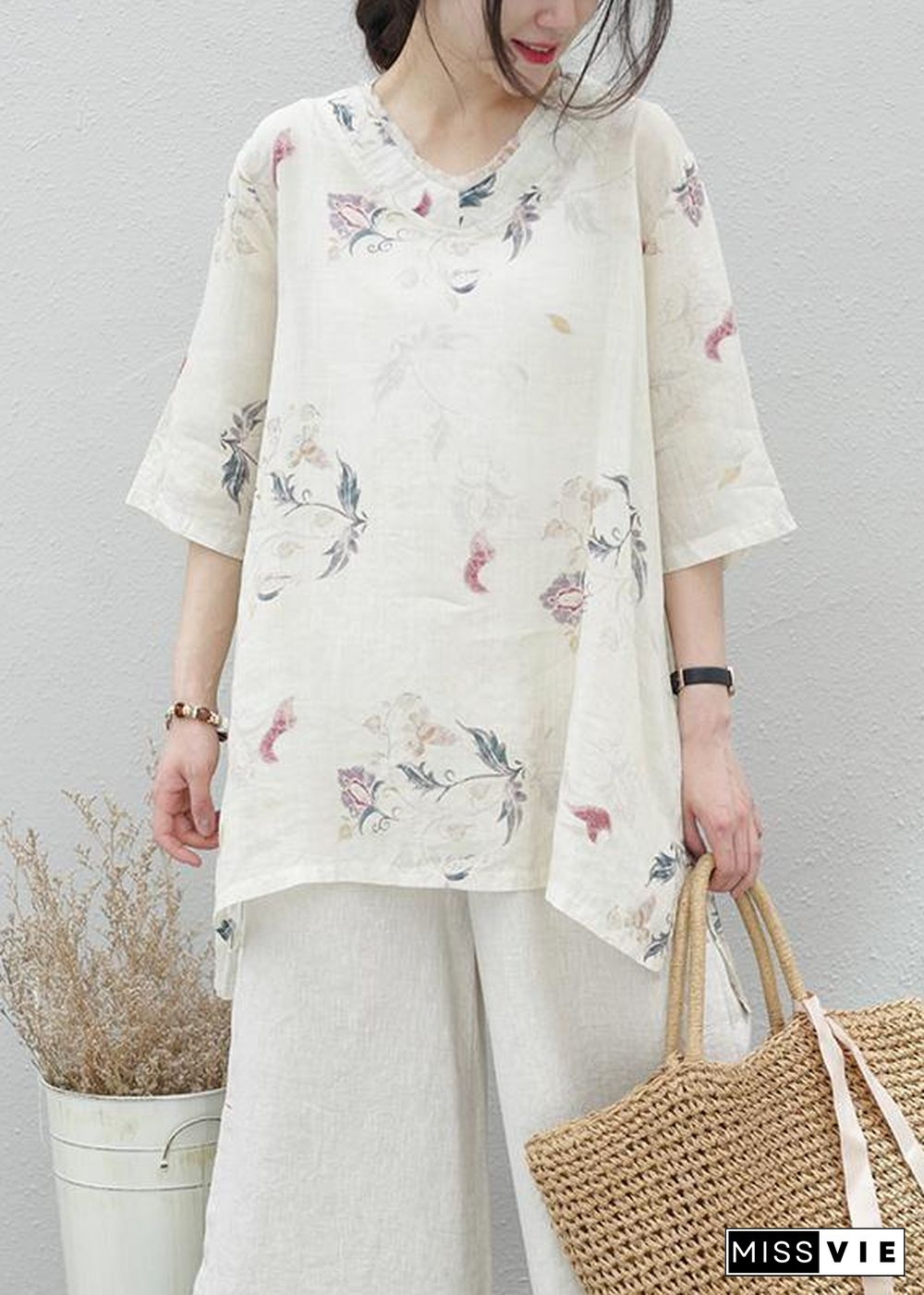 Modern beige print linen tunics for women v neck half sleeve baggy summer blouse