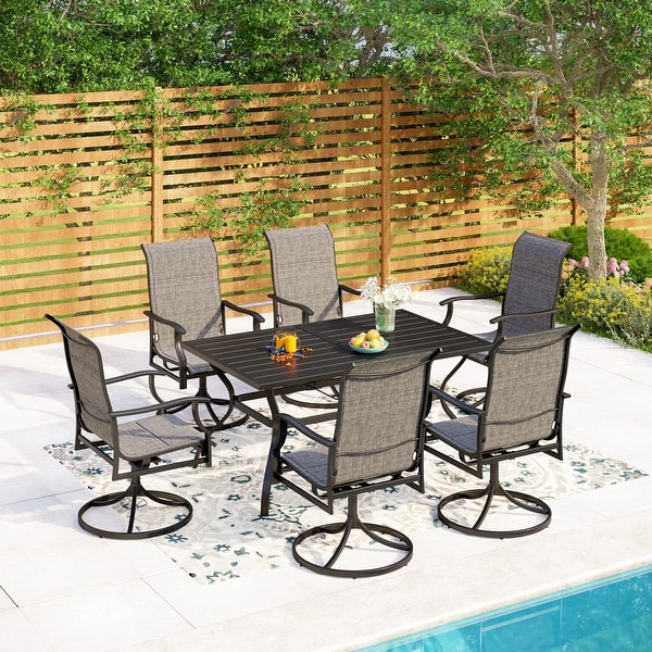 MAISON ARTS 7/8 Pieces Patio Dining Set，Rectangular Black Metal Table with 6 Padded Textilene Fabric Swivel Chairs