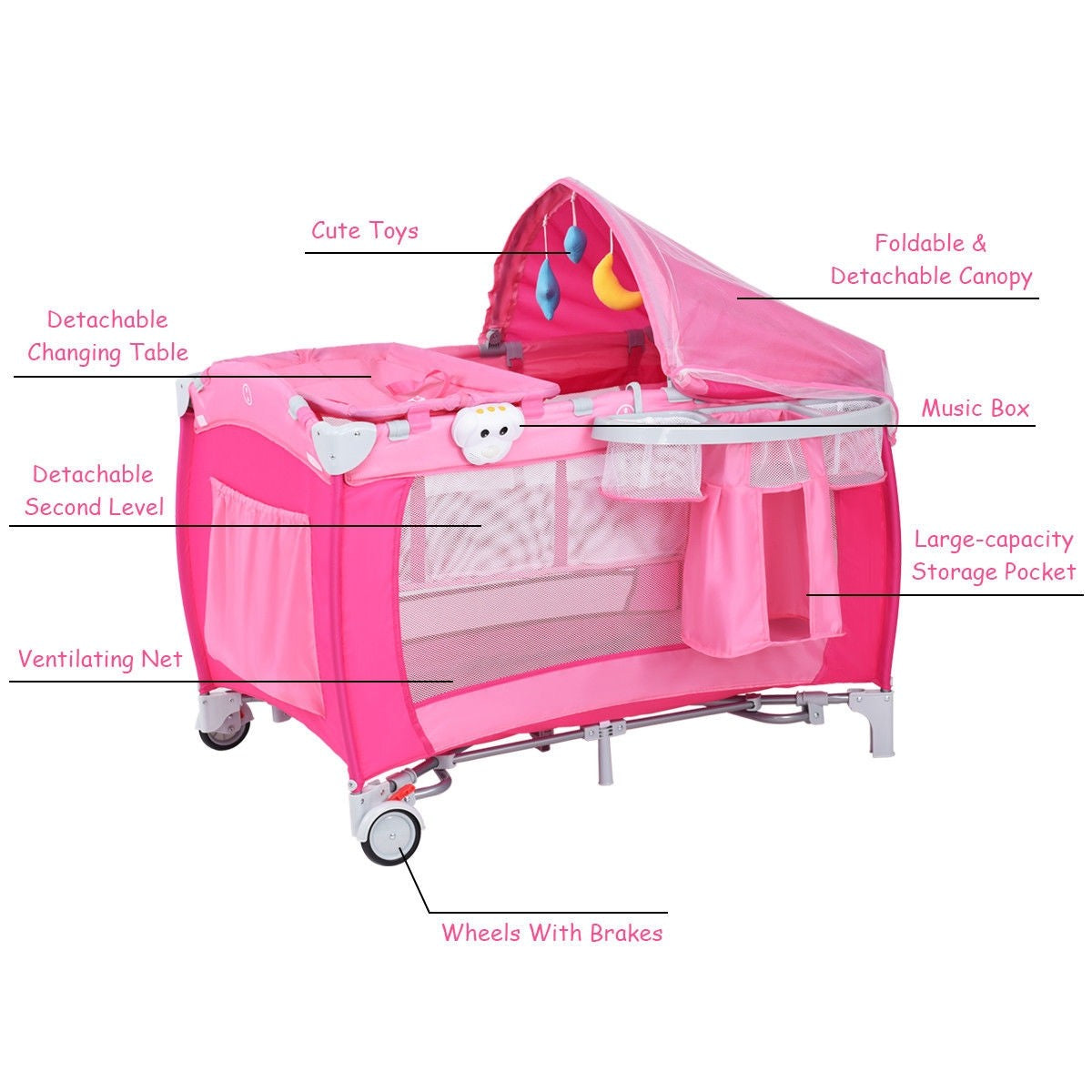 Costzon Nursery Center, 4 in 1 Pack and Play with Bassinet, Music, Detachable Mat, Awning, Mosquito Net