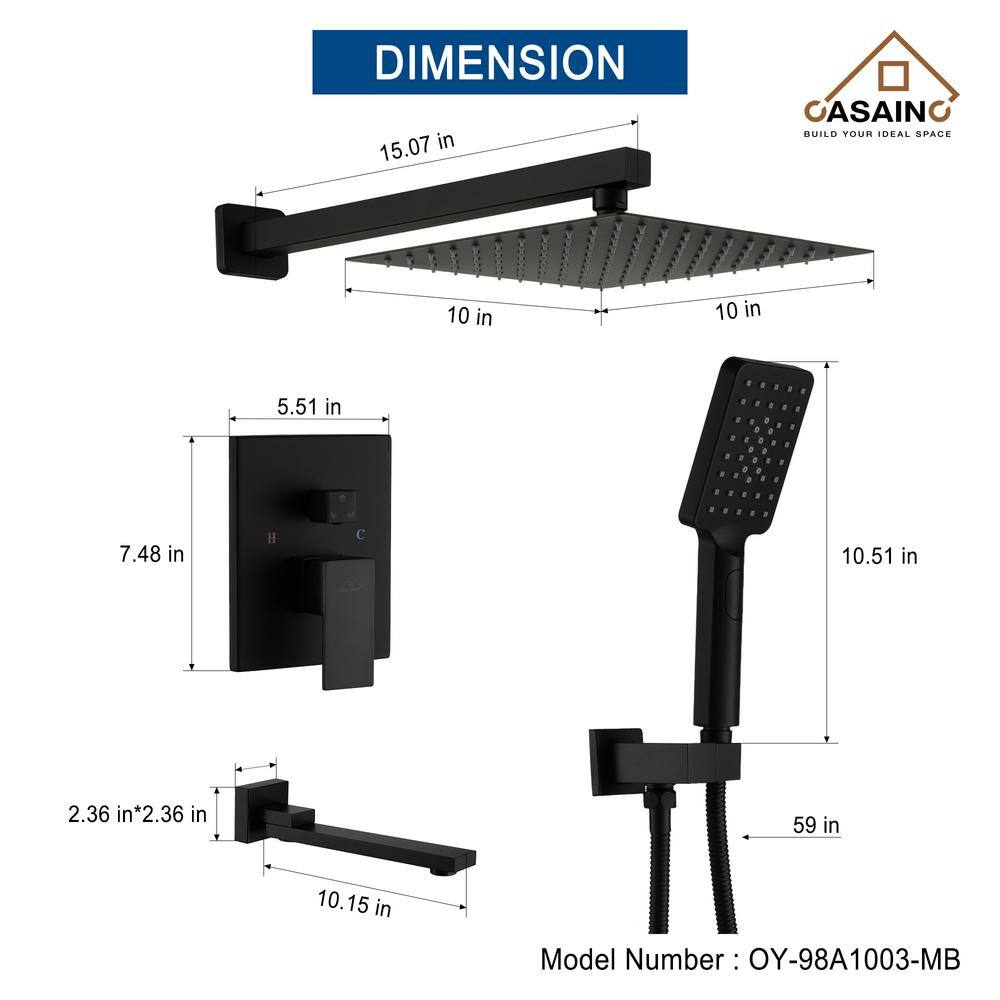 CASAINC 3-Spray Patterns with 2.5 GPM 10 in. Tub Wall Mount Dual Shower Heads in Spot Resist Matte Black Rough-in Valve OY-98A1003-MB