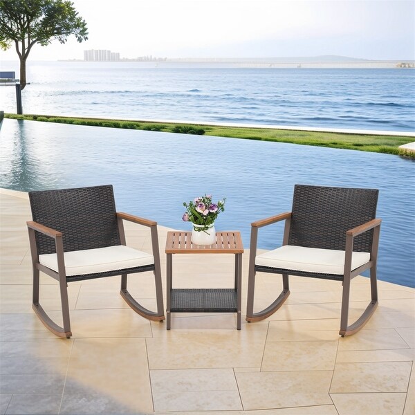 3 Pieces Rocking Wicker Bistro Set，Patio Outdoor Furniture Conversation Sets with Porch Chairs and Glass Coffee Table