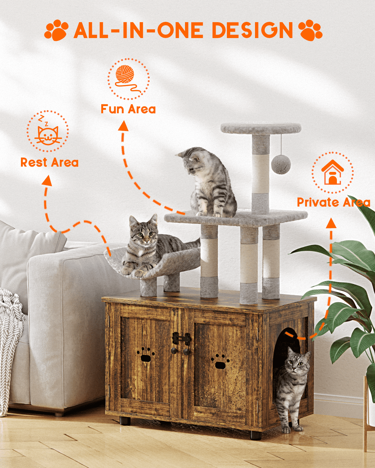 Lulive Cat Tree with Cat Litter Box Enclosure， All-in-one Cat House with Platform Scratching Post Condo， Brown