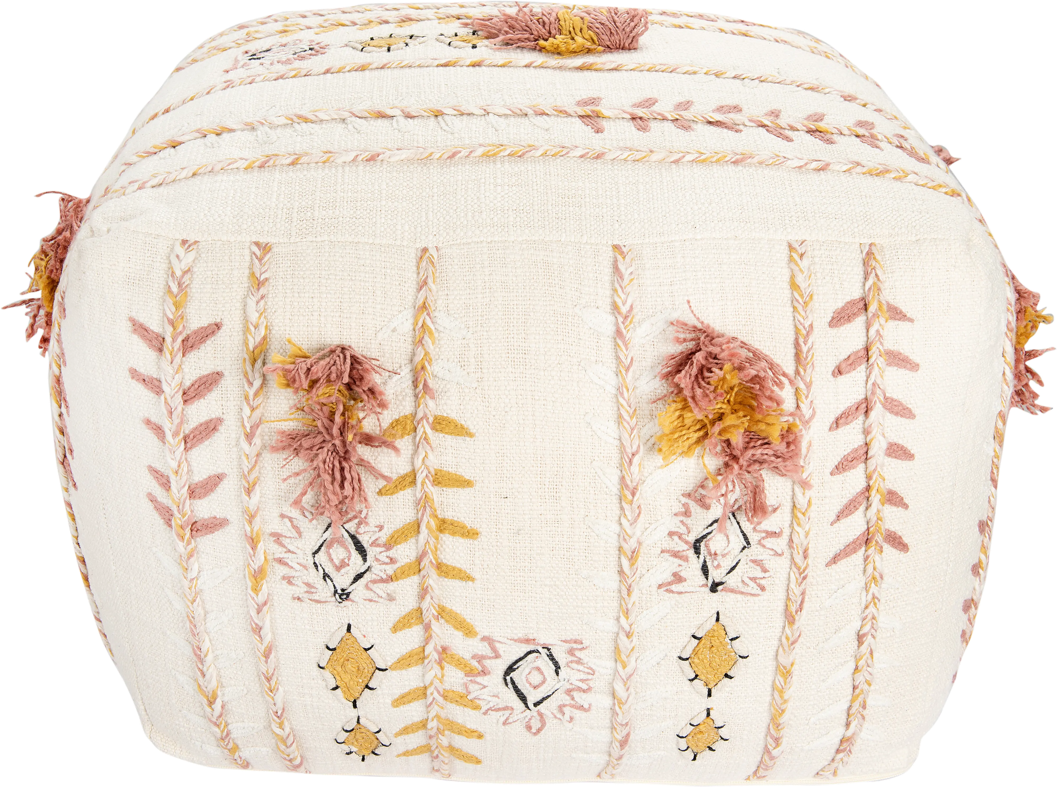 Cream Embroidered Pouf with Applique and Fringe