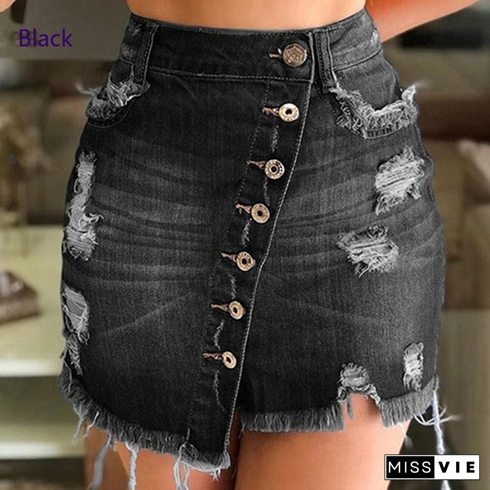 Women Summer Ripped Hole Skirts Denim Jeans Mini Skirt High Waist Button Skirts