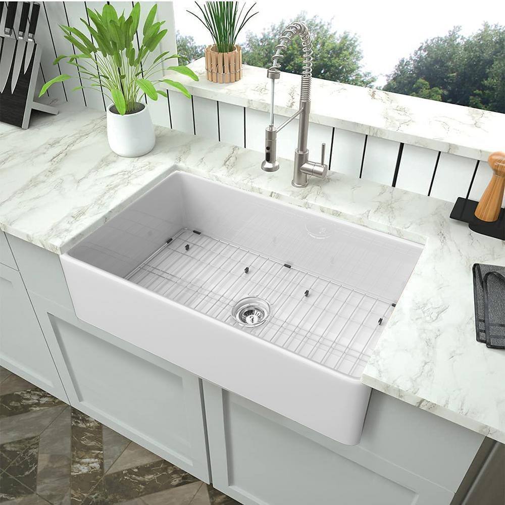 Classico White Fireclay 36 in. Single Bowl Farmhouse Apron Front Kitchen Sink with Bottom Grid and Strainer GRSL01