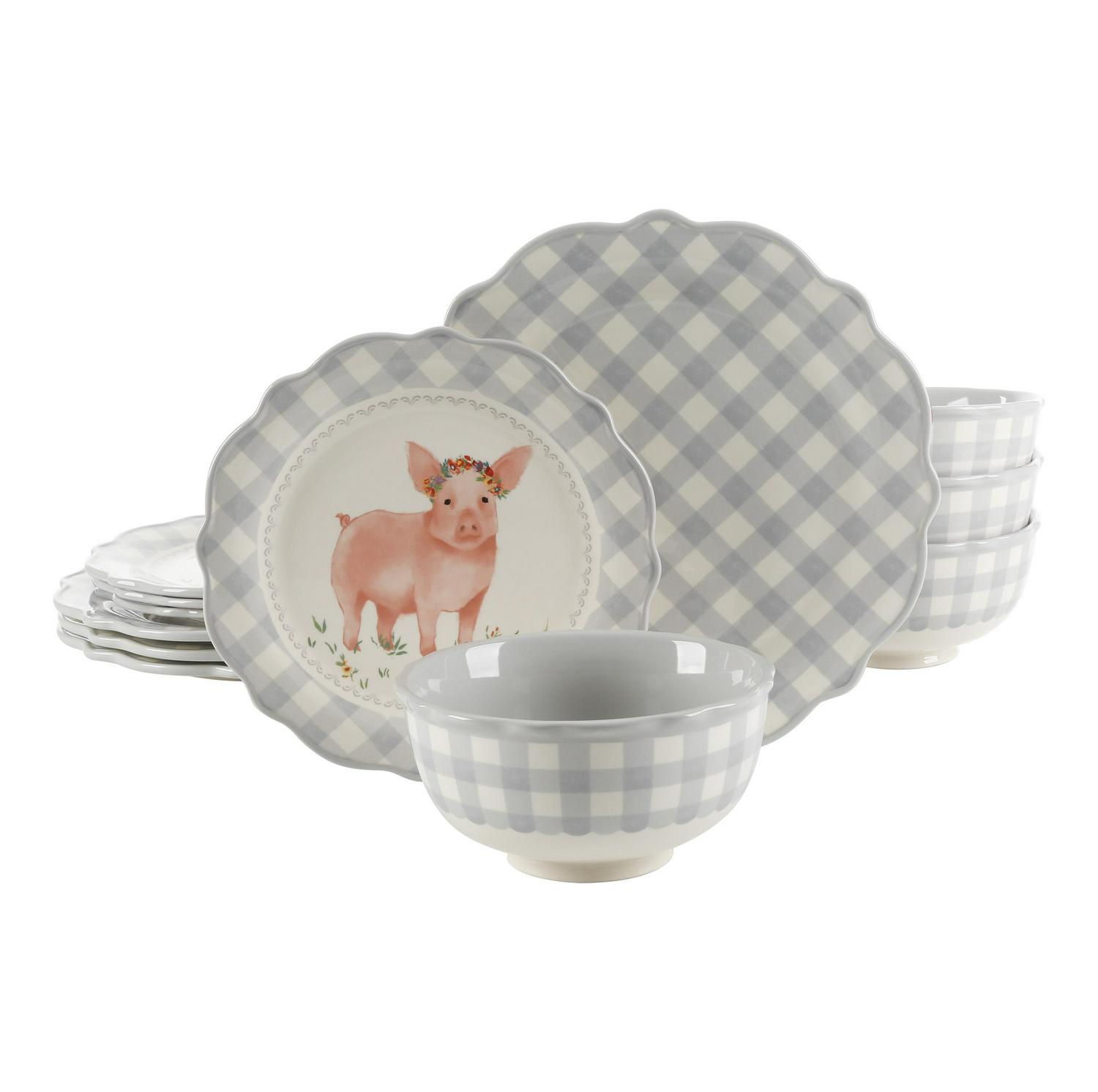 The Pioneer Woman Gingham Grey 12Piece Dinnerware Set  Crowdfused