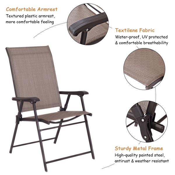 Folding Sling Chair Patio Furniture Set of 2 Armchairs Brown