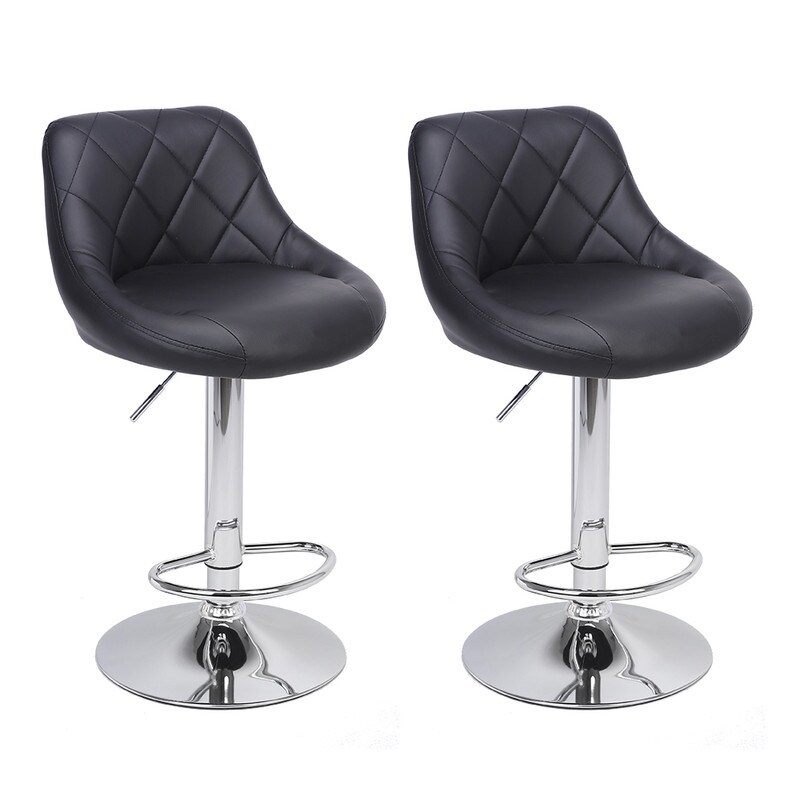 Round PU Leather Adjustable Bar Stools with Back Black (Set of 2)