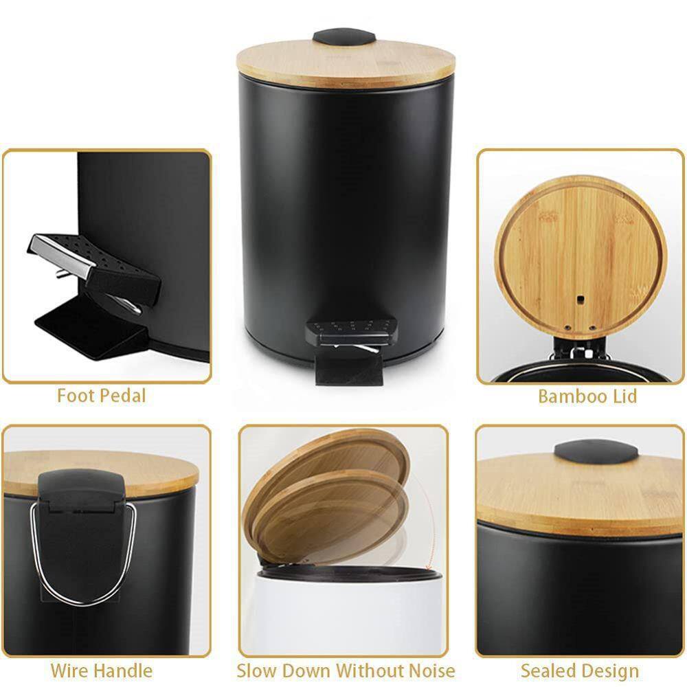 Dracelo 5 Liter Round Metal Trash Can with Bamboo Lid and Pedal and Removable Inner Wastebasket in Black B08N3XCR3B