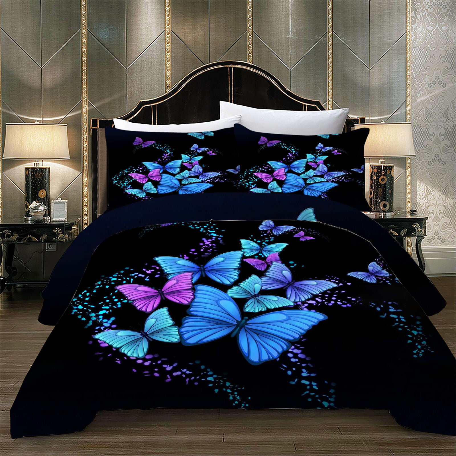 3D Blue Colorful Butterfly Print Bedding Set Duvet Cover Set with Bag Home Textiles Woman Girl Bed Cover，Twin (68