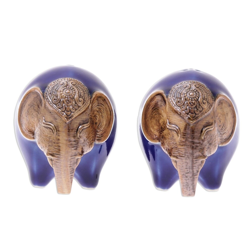 Novica Handmade Round Elephants In Blue Ceramic Salt And Pepper Shakers (Pair)