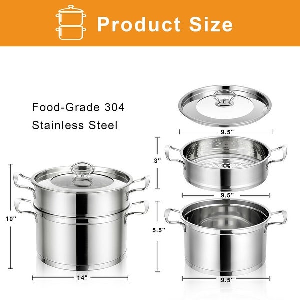 2-Tier Steamer Pot 304 Stainless Steel Steaming Cookware with Glass Lid