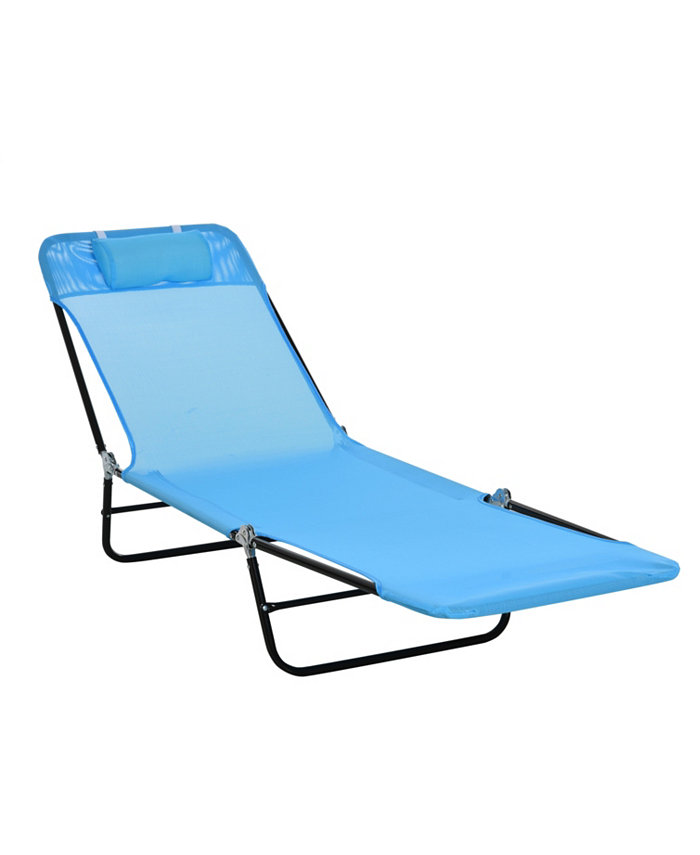 Outsunny Portable Sun Lounger Lightweight Folding Chaise Lounge Chair w  Adjustable Backrest and Pillow for Beach Poolside and Patio Blue