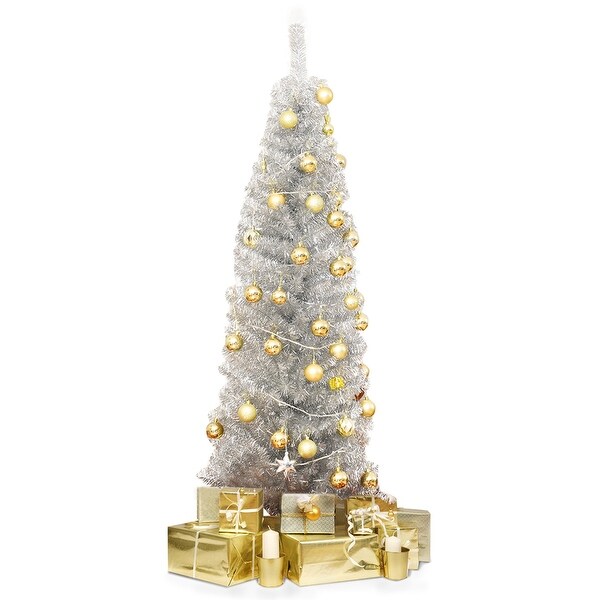 Costway 6FT Tinsel Tree Slim Pencil Christmas Tree Silver Champagne