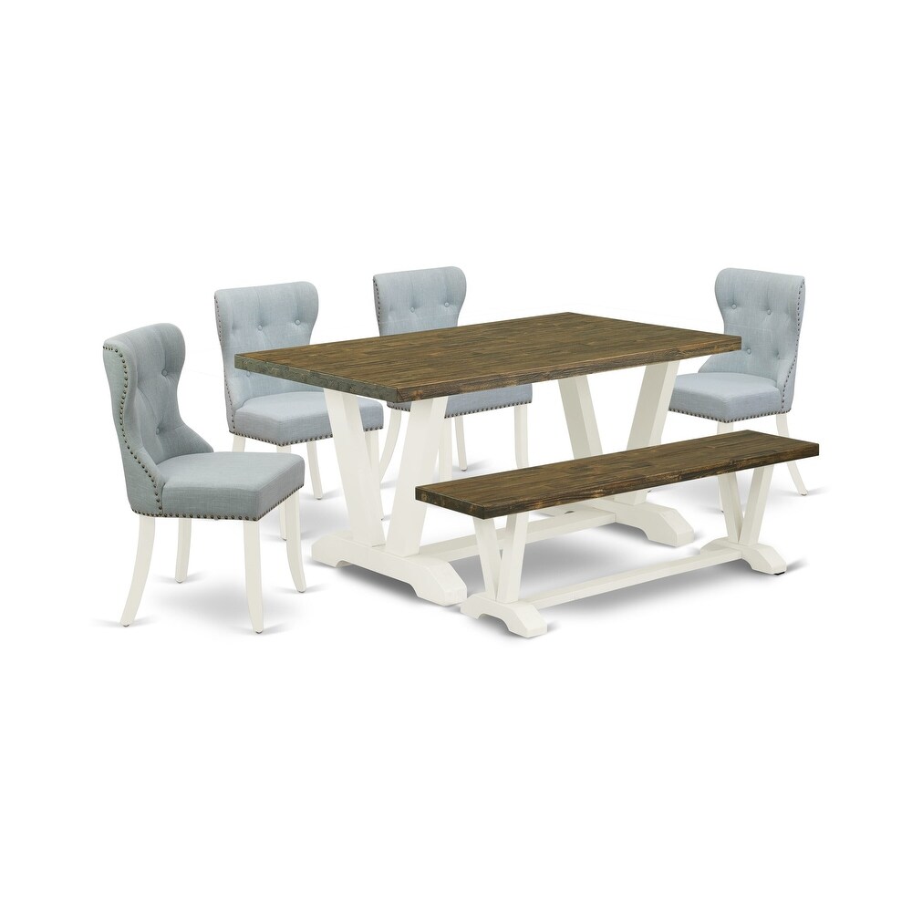 East West Furniture Dining Set  a Dining Table and Baby Blue Linen Fabric Parson Chairs  Linen White(Pieces Options)