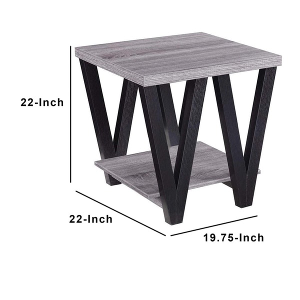 Zig-zag Contemporary Solid Wooden End Table With Bottom Shelf， Grey And Black