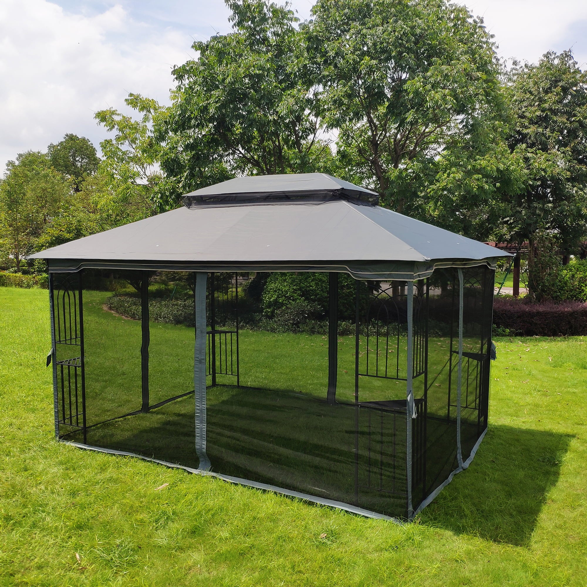 Unique Choice 13 x 10 ft Outdoor Patio Gazebo Canopy Tent with Mesh, Gray