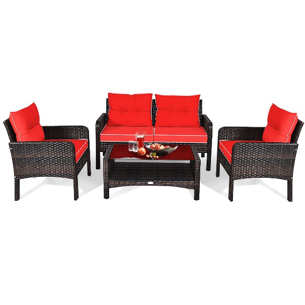 Tangkula 4 Piece Patio Conversation Set Rattan Wicker Loveseat Sofa Coffee Table amp Glass Top Red turquoise Cushions