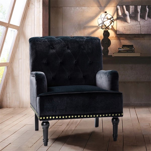 Geltrude Transitional Upholstered Button Tufted Club Chair with turned wooden Legs by HULALA HOME