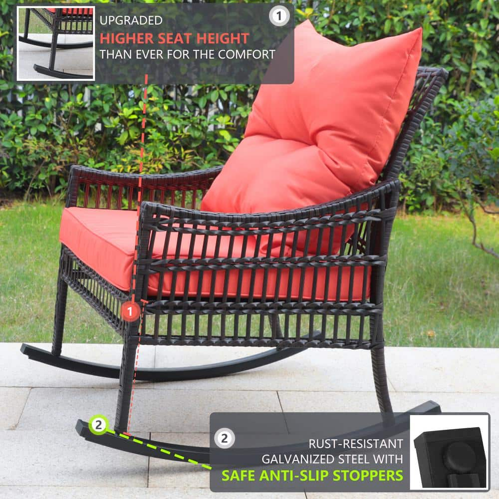 VEIKOUS Dark Brown 3-Piece Patio Wicker Outdoor Rocking Chair Set with Orange Cushions and Pillows HW007-1